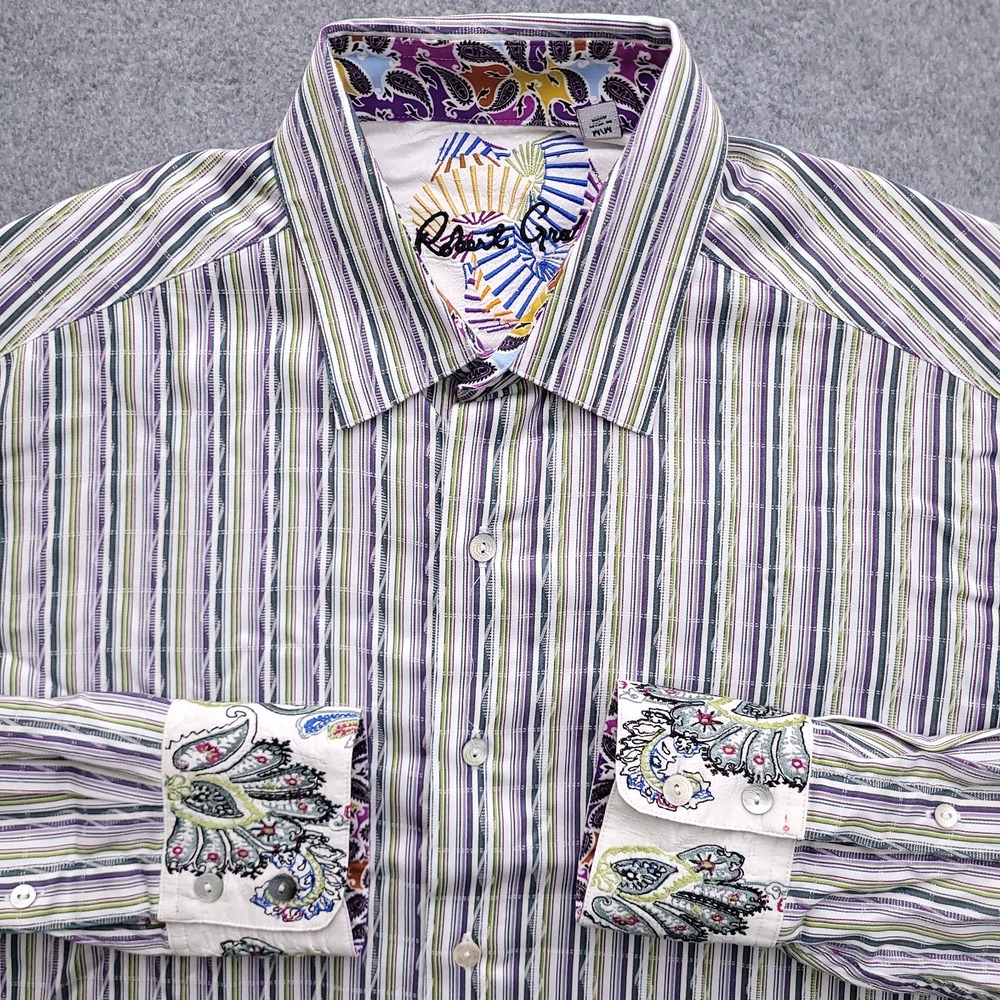 Robert Graham Button Up Shirt Mens Medium Embroidered‎ Cuff Multicolor Striped